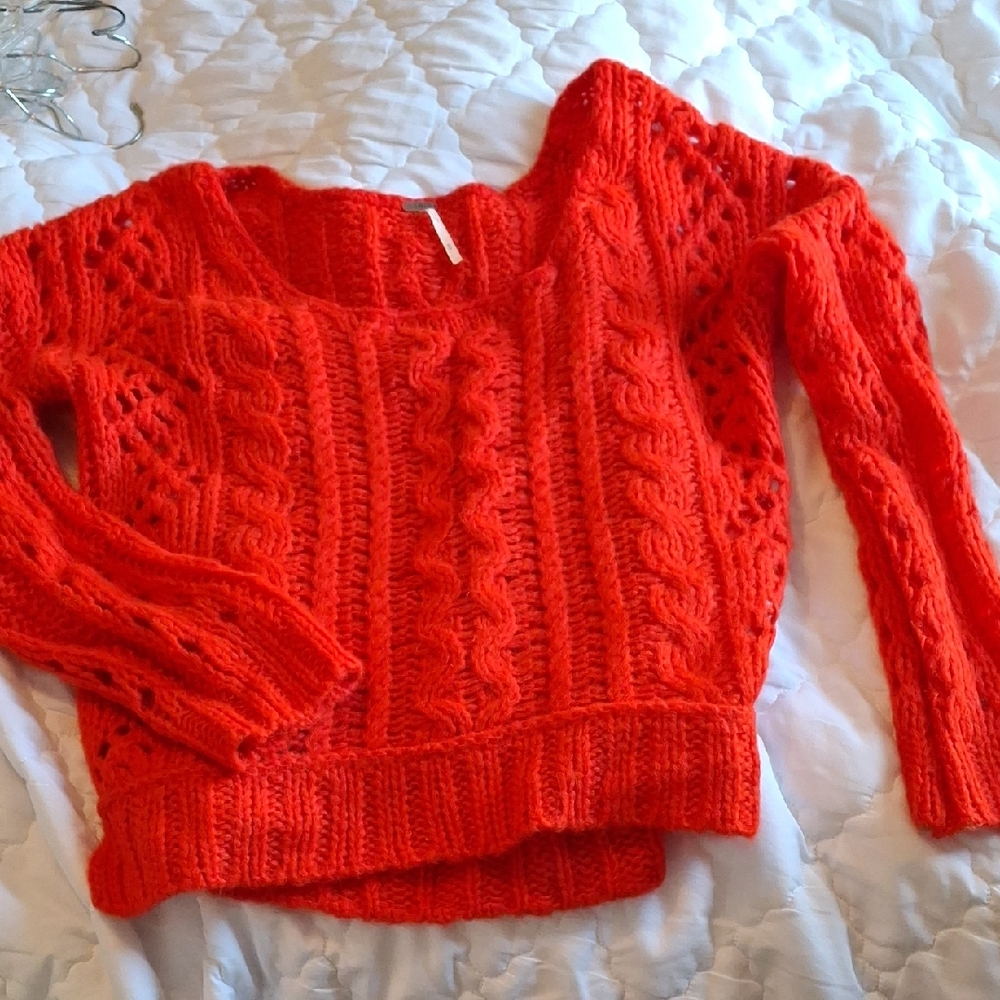 Free People Bright Red Cable Knit Sweater